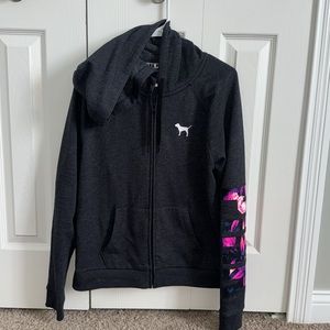 NEW Victoria's Secret Pink Womens Dark Gray Logo Hooded Full Zip Hoodie